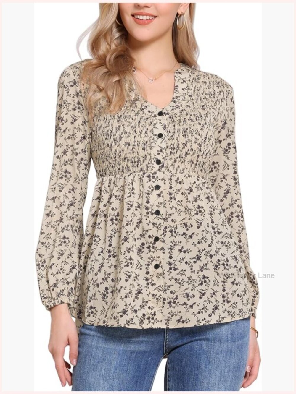 V Neck Floral Tunic Blouse Long Sleeve Smocked Waist Tee Casual
